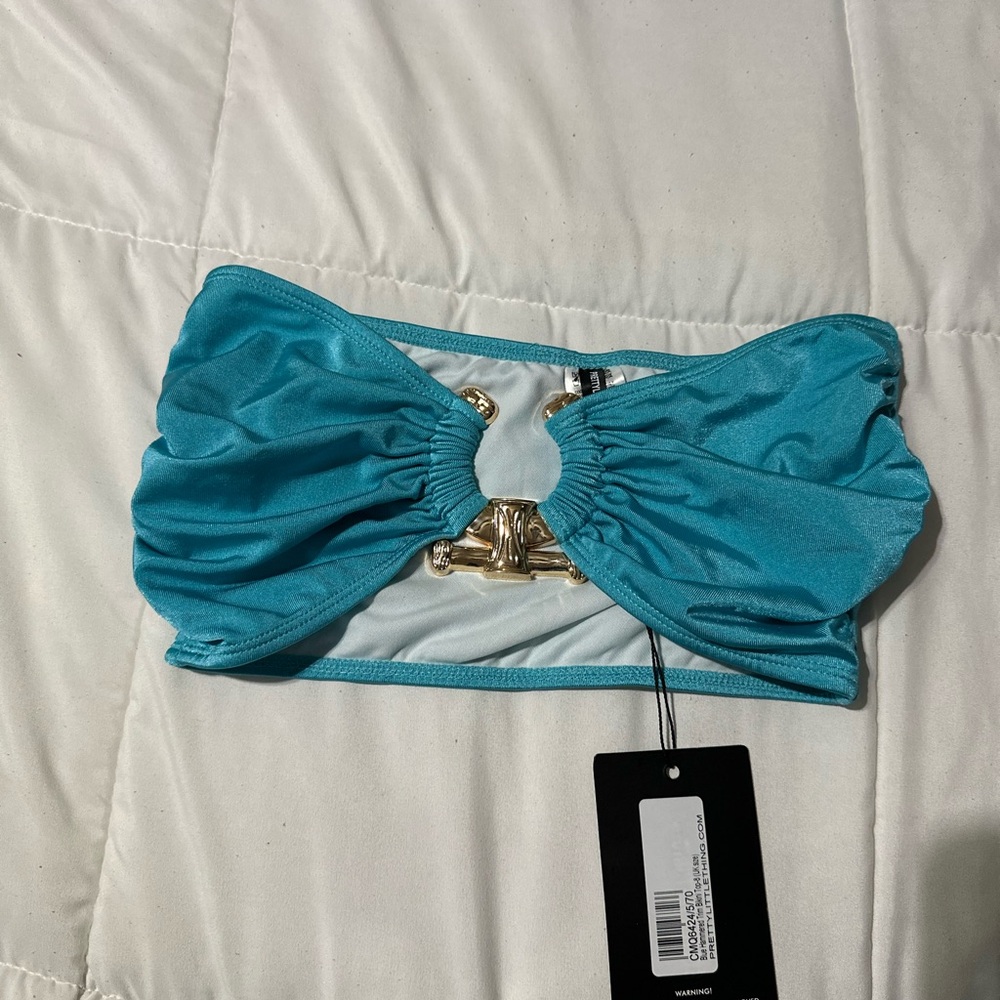 Blue Hammered Trim Bandeau Bikini Top